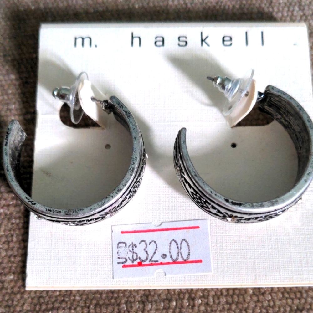 New M. Haskell Silver Hoop Earrings, Oxidized, 1 1/4" , Sparkle Accents